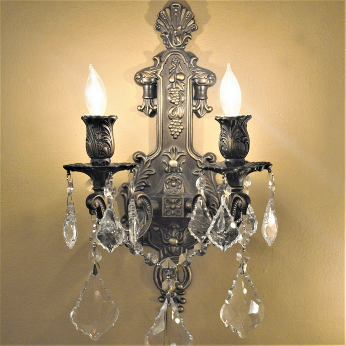 Versailles Antique Bronze Clear Crystal 2 Light Wall Sconce - Wall Sconces