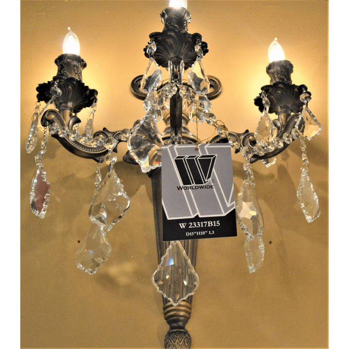 Versailles Antique Bronze Clear Crystal 3 Light Wall Sconce - Wall Sconces