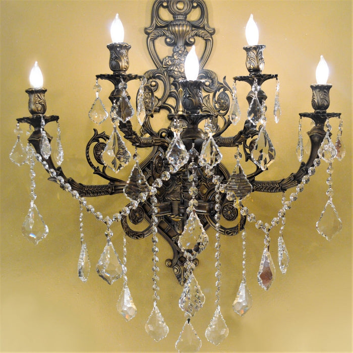 Versailles Antique Bronze Clear Crystal 5 Light Wall Sconce - Wall Sconces