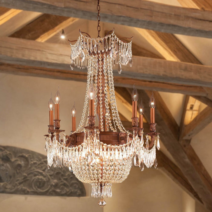 Winchester French Gold Golden Teak Crystal 12 Light Chandelier - Chandeliers