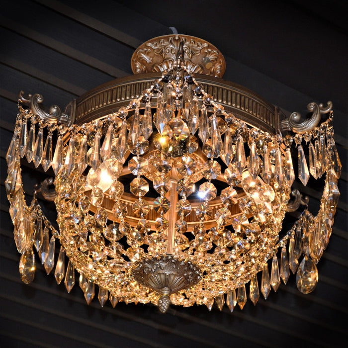 Winchester French Gold Golden Teak Crystal 3 Light Semi-Flushmount - Semi-Flushmounts