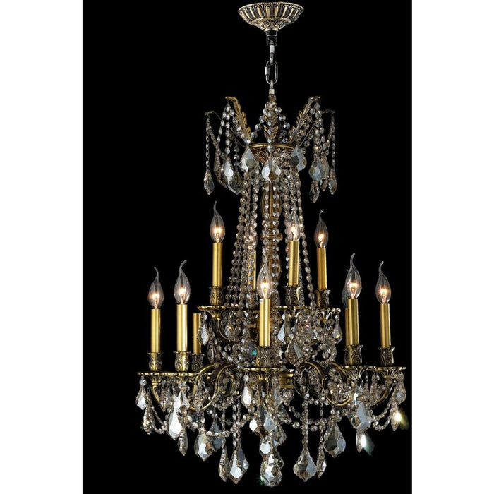 Windsor Antique Bronze Golden Teak Crystal 12 Light Chandelier - Chandeliers