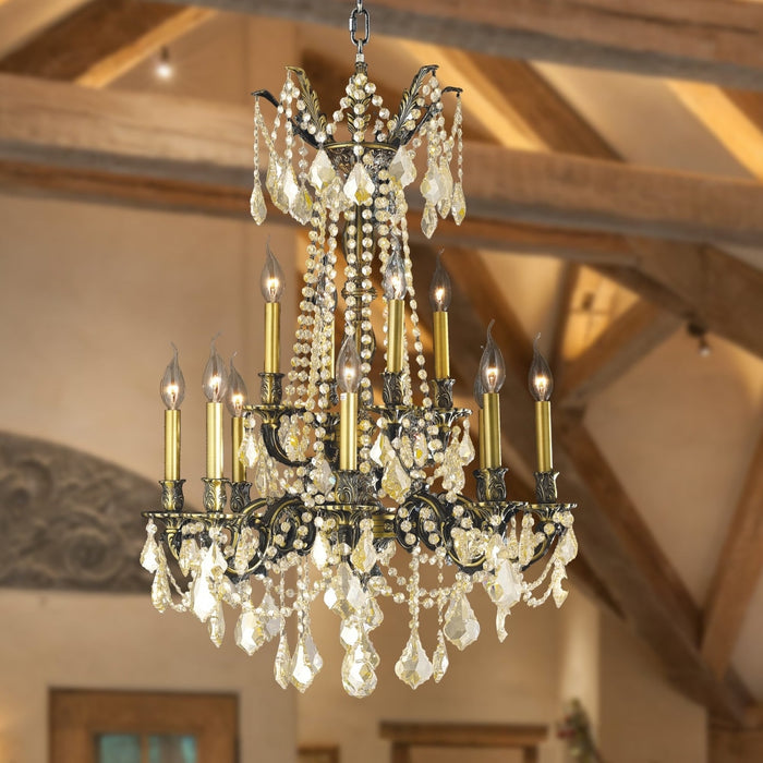 Windsor Antique Bronze Golden Teak Crystal 12 Light Chandelier - Chandeliers