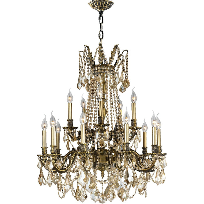 Windsor Antique Bronze Golden Teak Crystal 15 Light Chandelier - Chandeliers