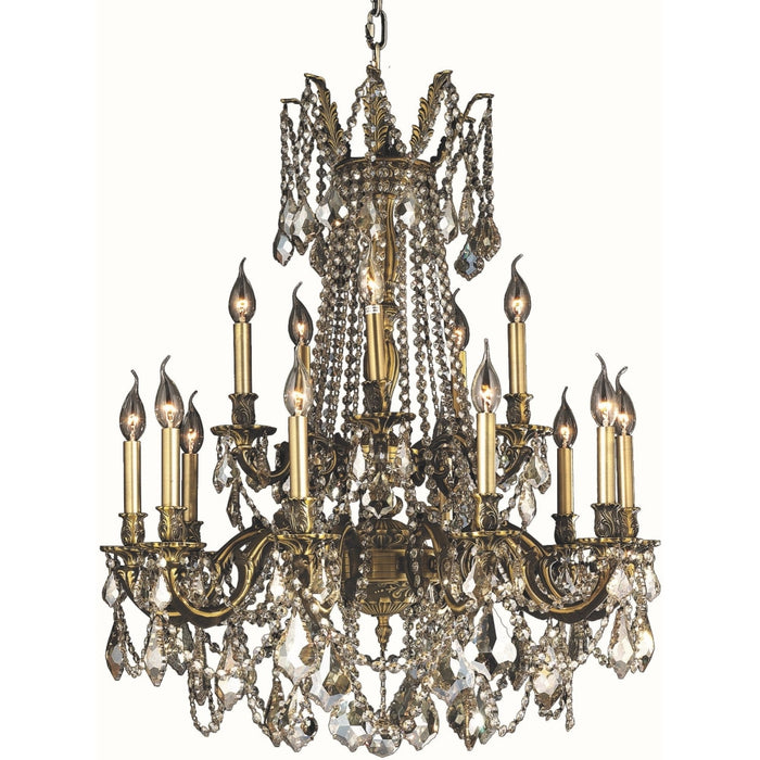 Windsor Antique Bronze Golden Teak Crystal 15 Light Chandelier - Chandeliers