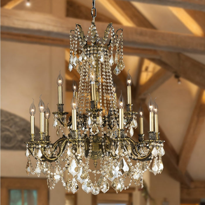 Windsor Antique Bronze Golden Teak Crystal 15 Light Chandelier - Chandeliers
