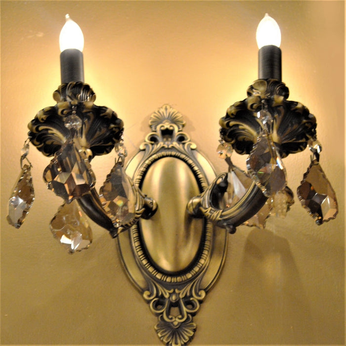 Windsor Antique Bronze Golden Teak Crystal 2 Light Wall Sconce - Wall Sconces