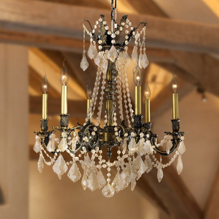 Windsor Antique Bronze Golden Teak Crystal 6 Light Chandelier - Chandeliers