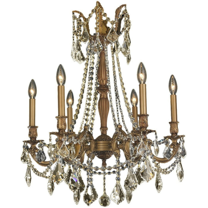 Windsor French Gold Golden Teak Crystal 6 Light Chandelier - Chandeliers